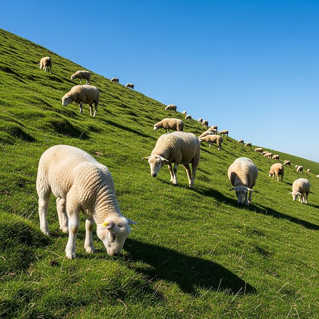 Grasende Schafe am Deich auf der Halbinsel Eiderstedt