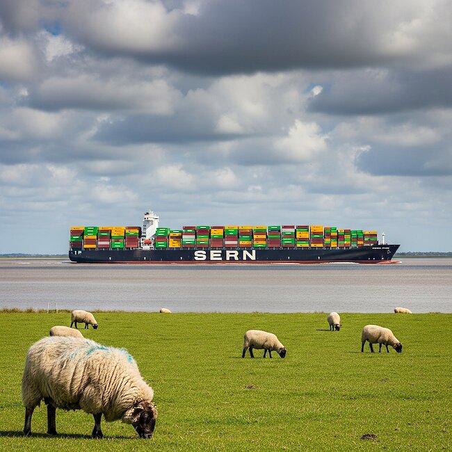 Containerschiff und Deichschafe an der Elbe