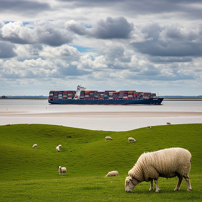 Containerschiff und Deichschafe an der Elbe