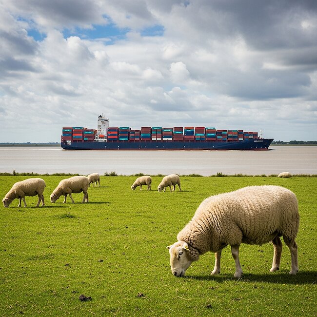 Containerschiff und Deichschafe an der Elbe