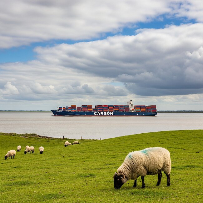 Containerschiff und Deichschafe an der Elbe Containerschiff und Deichschafe an der Elbe