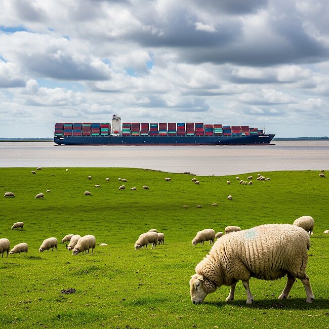 Containerschiff und Deichschafe an der Elbe Containerschiff und Deichschafe an der Elbe
