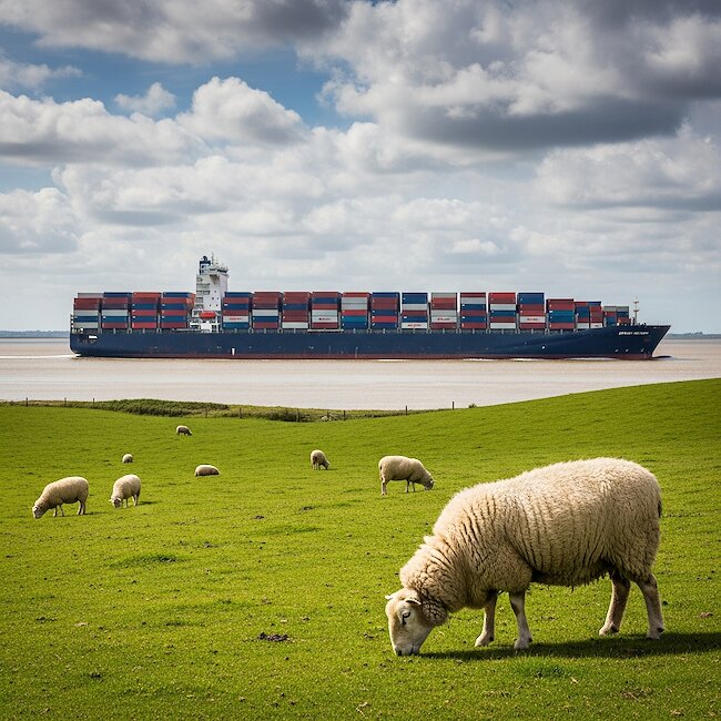 Containerschiff und Deichschafe an der Elbe Containerschiff und Deichschafe an der Elbe