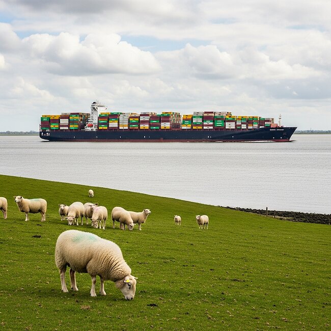 Containerschiff und Deichschafe an der Elbe Containerschiff und Deichschafe an der Elbe