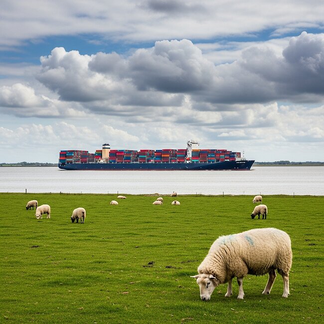 Containerschiff und Deichschafe an der Elbe Containerschiff und Deichschafe an der Elbe
