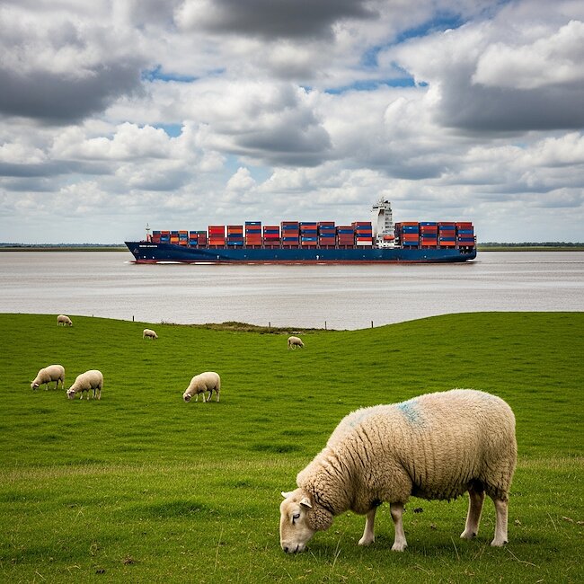Containerschiff und Deichschafe an der Elbe