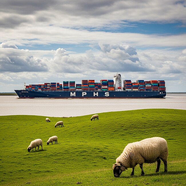 Containerschiff und Deichschafe an der Elbe