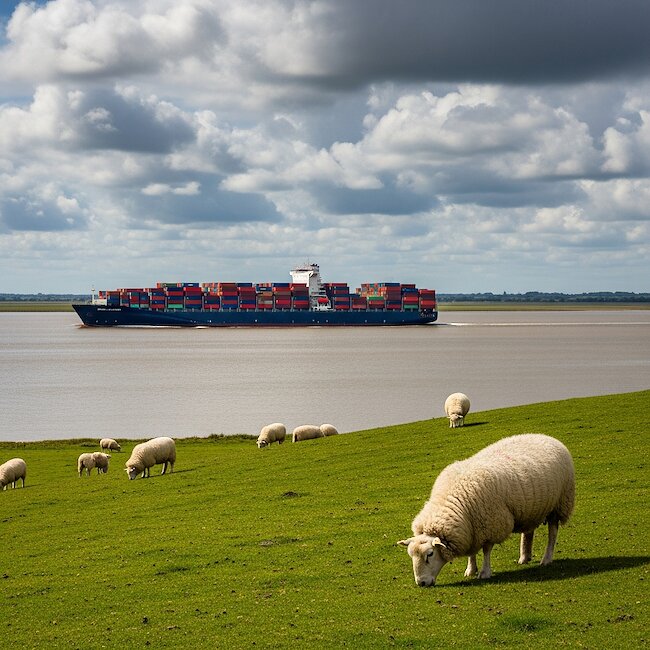 Containerschiff und Deichschafe an der Elbe Containerschiff und Deichschafe an der Elbe