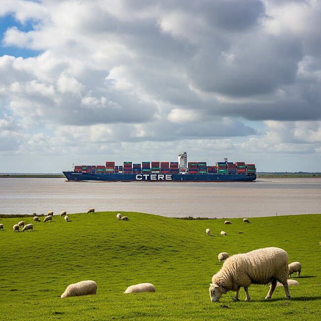 Containerschiff und Deichschafe an der Elbe