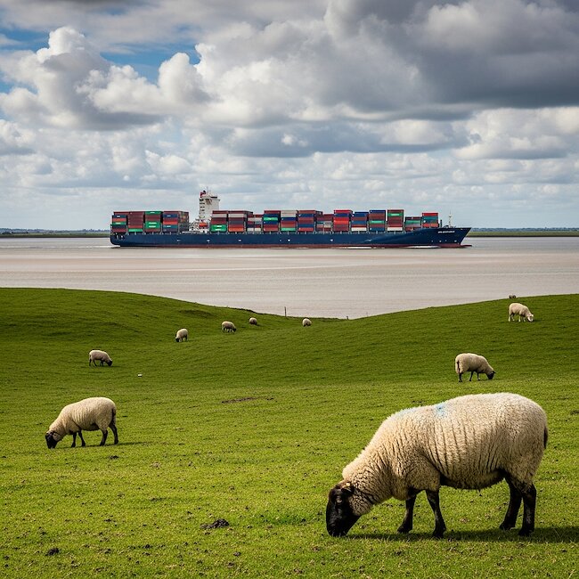 Containerschiff und Deichschafe an der Elbe