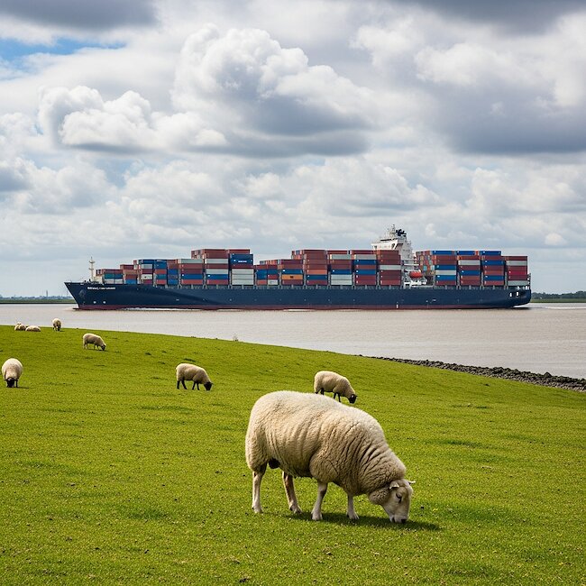 Containerschiff und Deichschafe an der Elbe Containerschiff und Deichschafe an der Elbe
