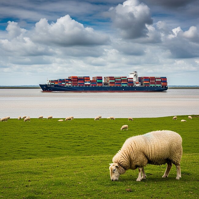 Containerschiff und Deichschafe an der Elbe