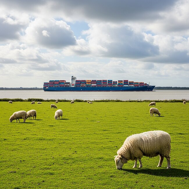 Containerschiff und Deichschafe an der Elbe