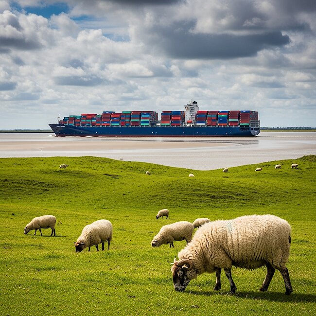 Containerschiff und Deichschafe an der Elbe
