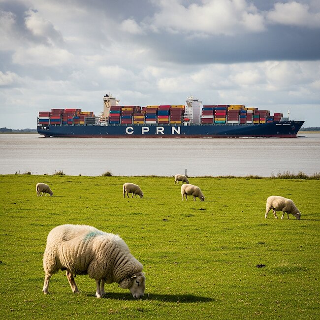 Containerschiff und Deichschafe an der Elbe Containerschiff und Deichschafe an der Elbe