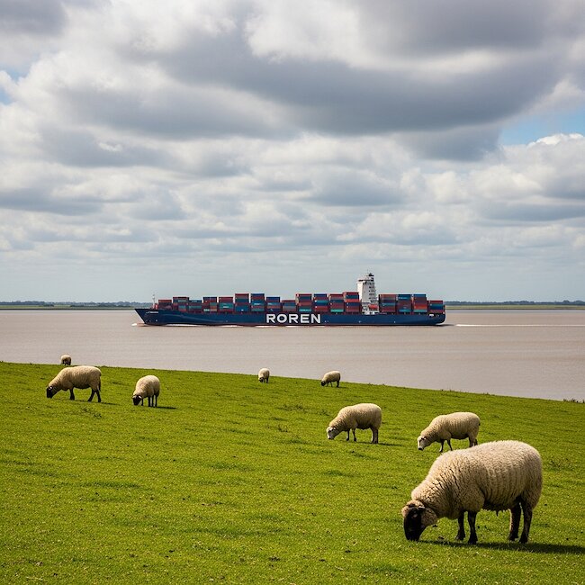 Containerschiff und Deichschafe an der Elbe Containerschiff und Deichschafe an der Elbe