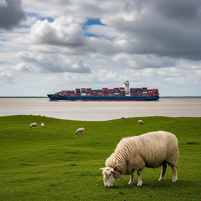 Containerschiff und Deichschafe an der Elbe Containerschiff und Deichschafe an der Elbe