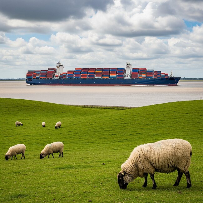 Containerschiff und Deichschafe an der Elbe Containerschiff und Deichschafe an der Elbe