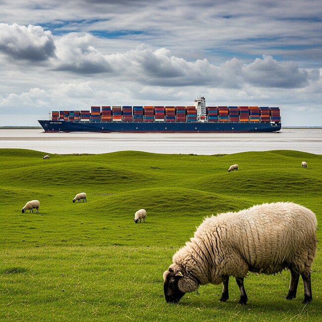Containerschiff und Deichschafe an der Elbe Containerschiff und Deichschafe an der Elbe