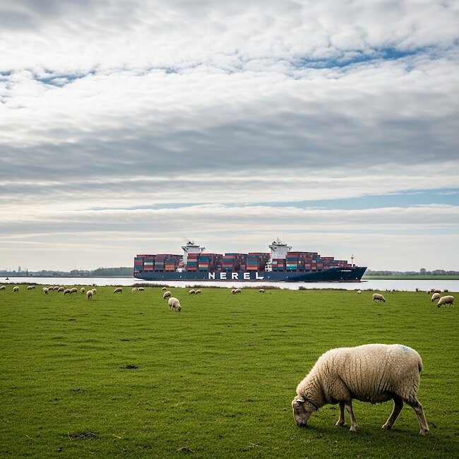Containerschiff und Deichschafe an der Elbe