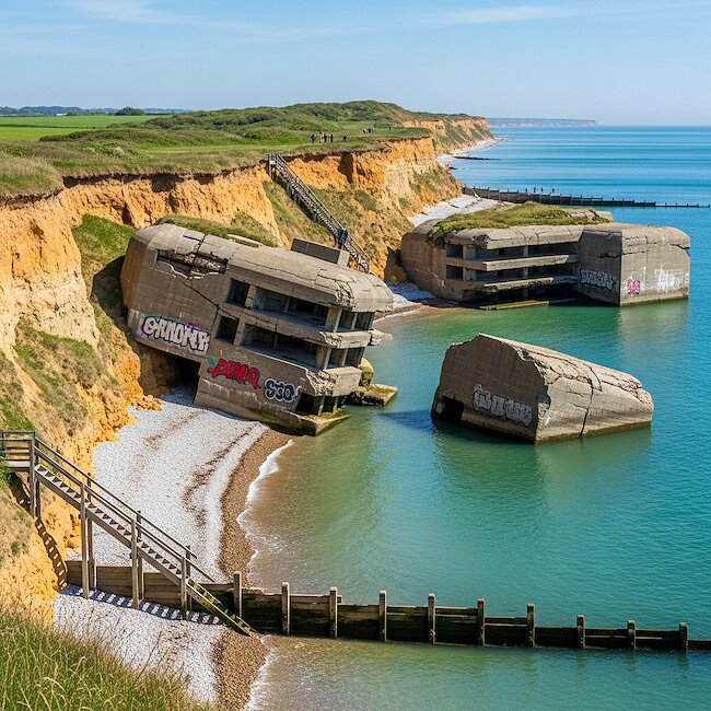Hohes Ufer und Bunker im Meer bei Wustrow
