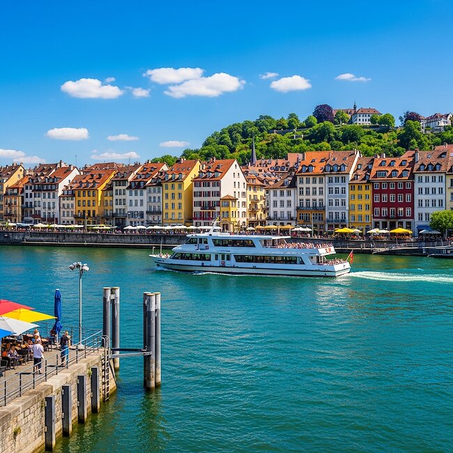 Seepromenade von Meersburg mit Ausflugsschiff