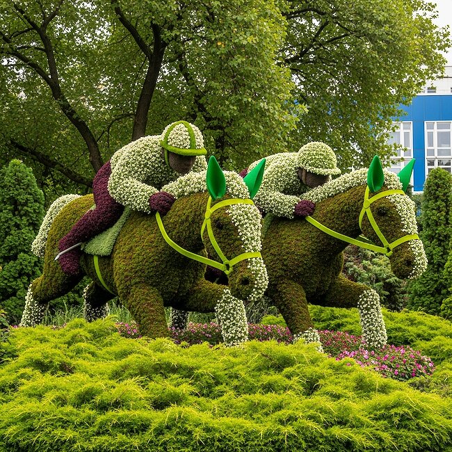 Blumenskulptur „Pferde mit Reiter“ in Bad Harzburg