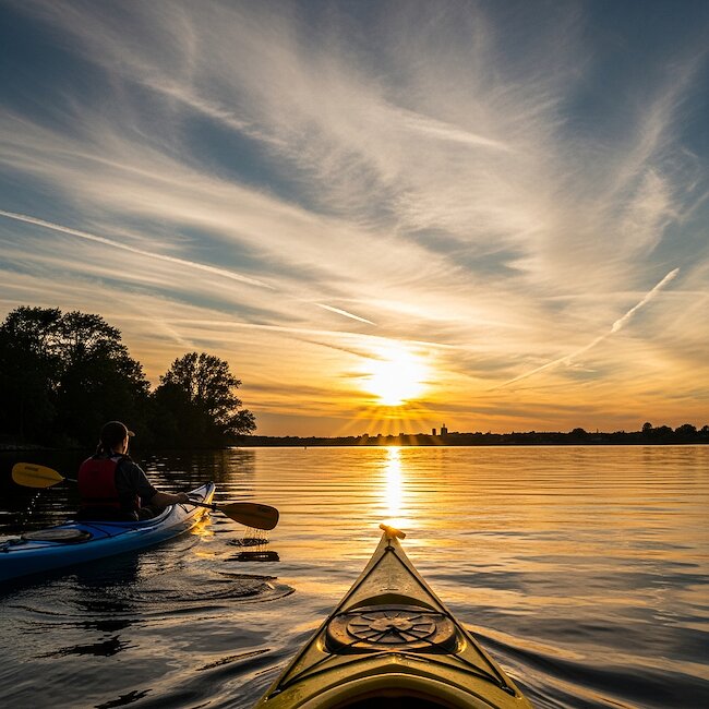 Kanutour bei Sonnenuntergang auf dem See
