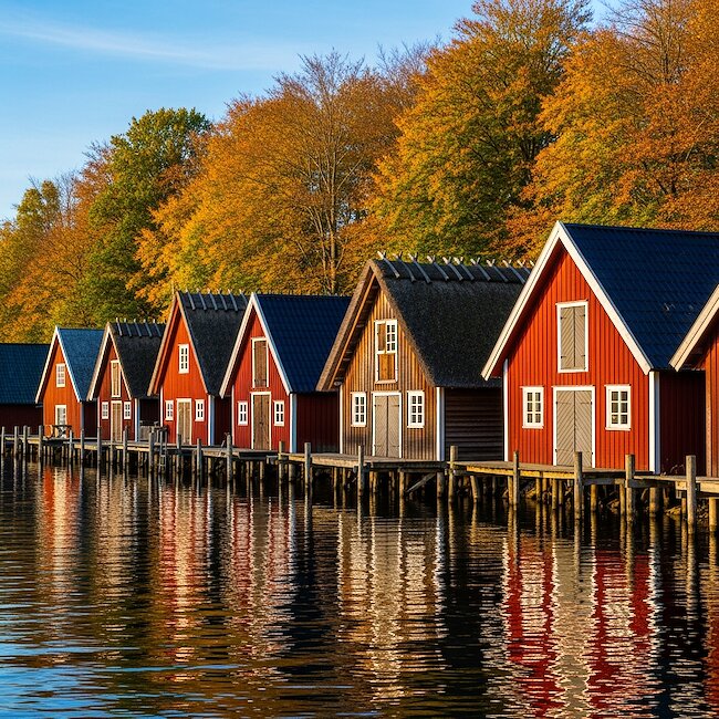 Bootshäuser im Abendlicht bei Röbel