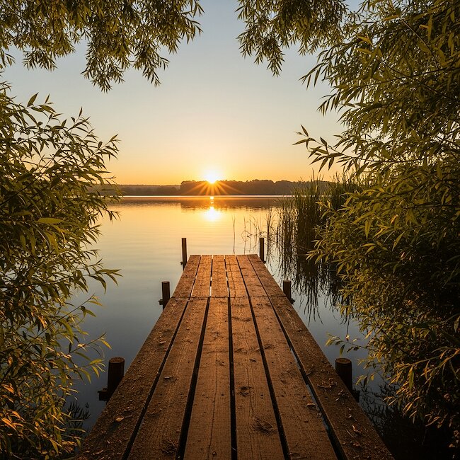 Steg an der Müritz im Sonnenuntergang