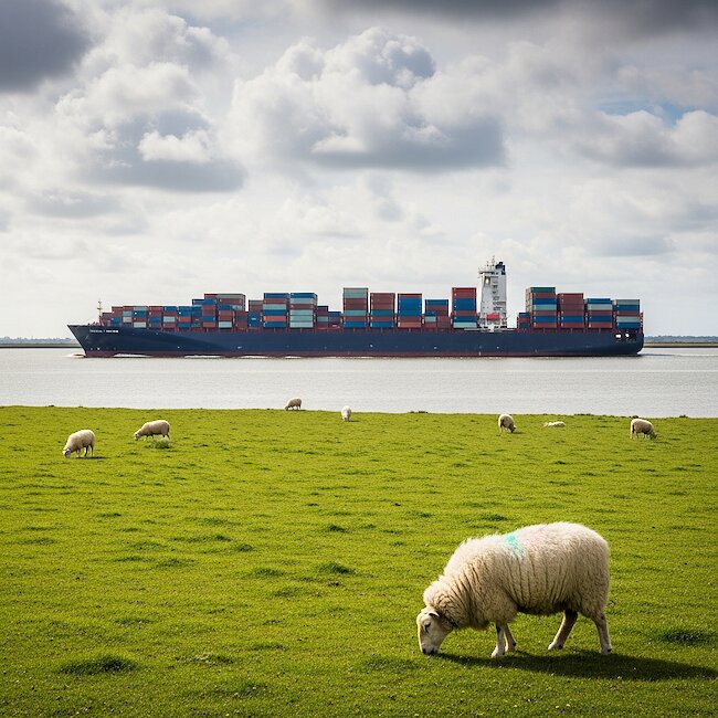 Containerschiff und Deichschafe an der Elbe