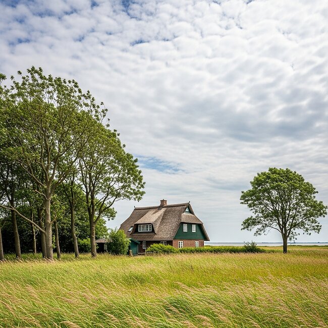 Boddenlandschaft mit Reetdachhaus