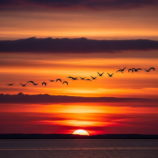 Kraniche im Sonnenuntergang bei Ahrenshoop