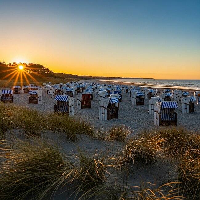 Strandkörbe im Sonnenuntergang in Heiligenhafen