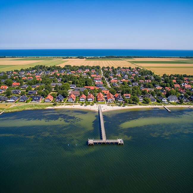 Blick über Dranske mit Seebrücke