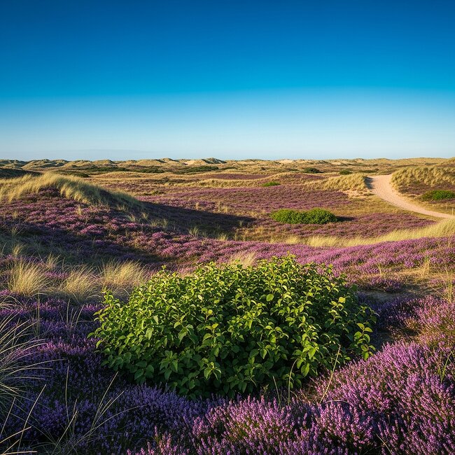 Radweg zwischen Dünen und Heidekraut auf Sylt