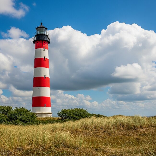 Blick zum Amrumer Leuchtturm durch die Dünen
