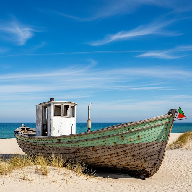 Fischkutter am Strand der Seebrücke Zingst