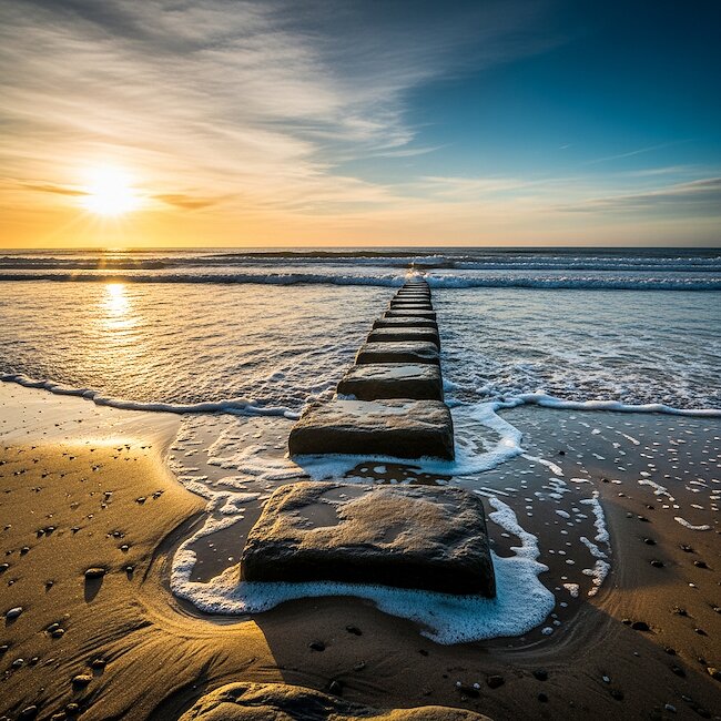 Ostsee mit Buhne im Sonnenaufgang
