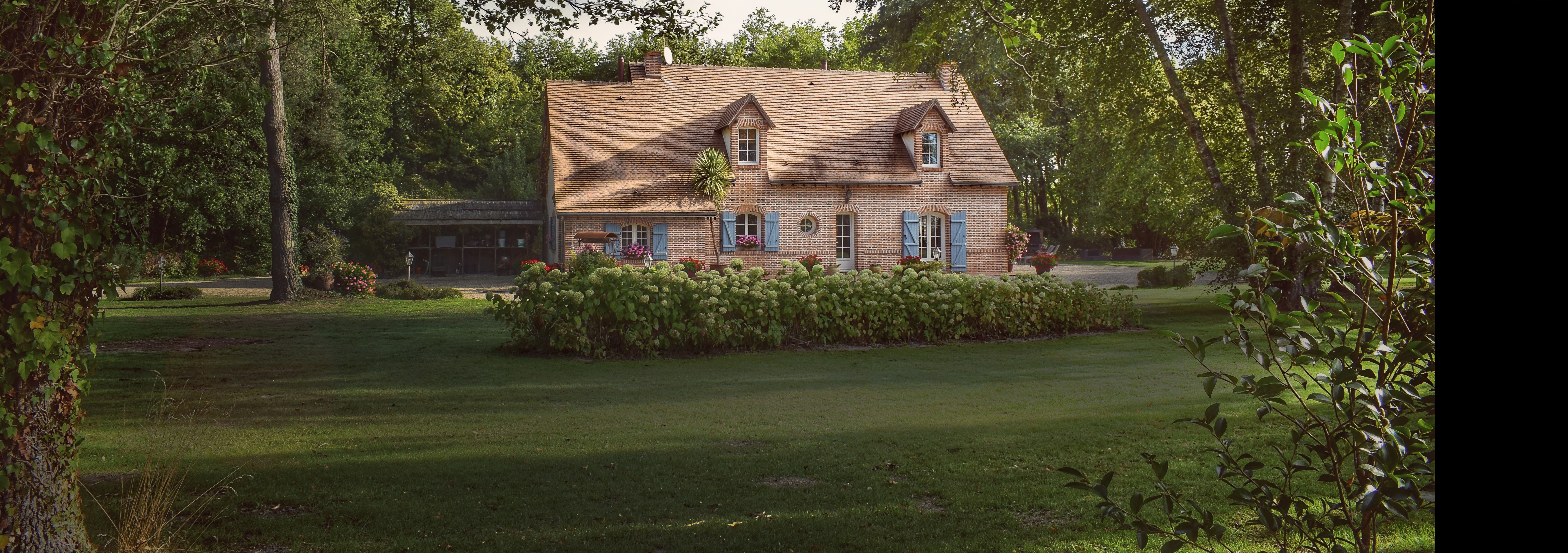 A beautiful traditional french stone cottage in a lush, green garden surrounded by trees
