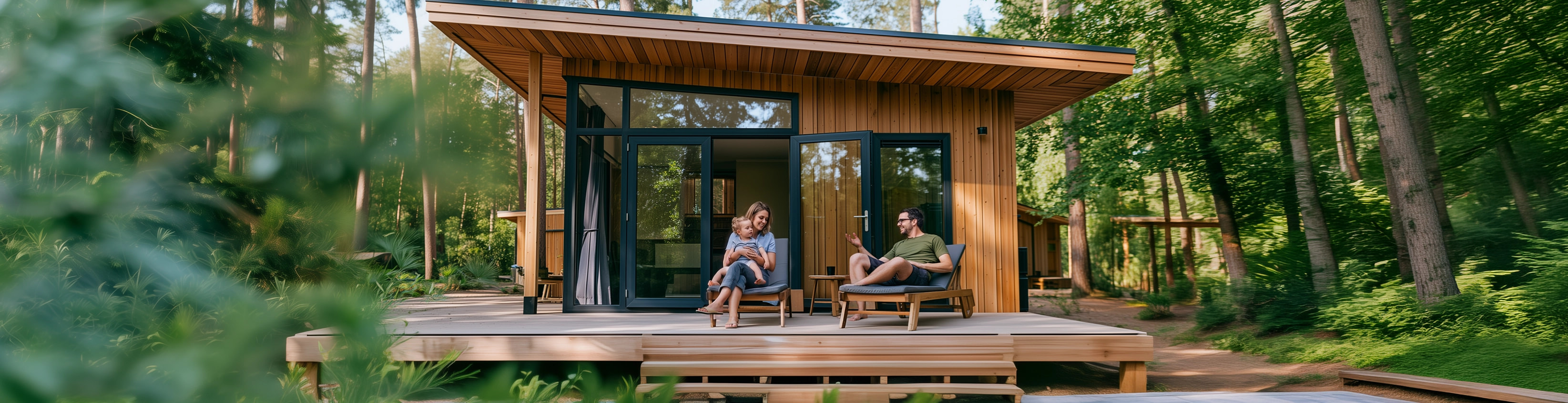 Family sitting outside of a forest home