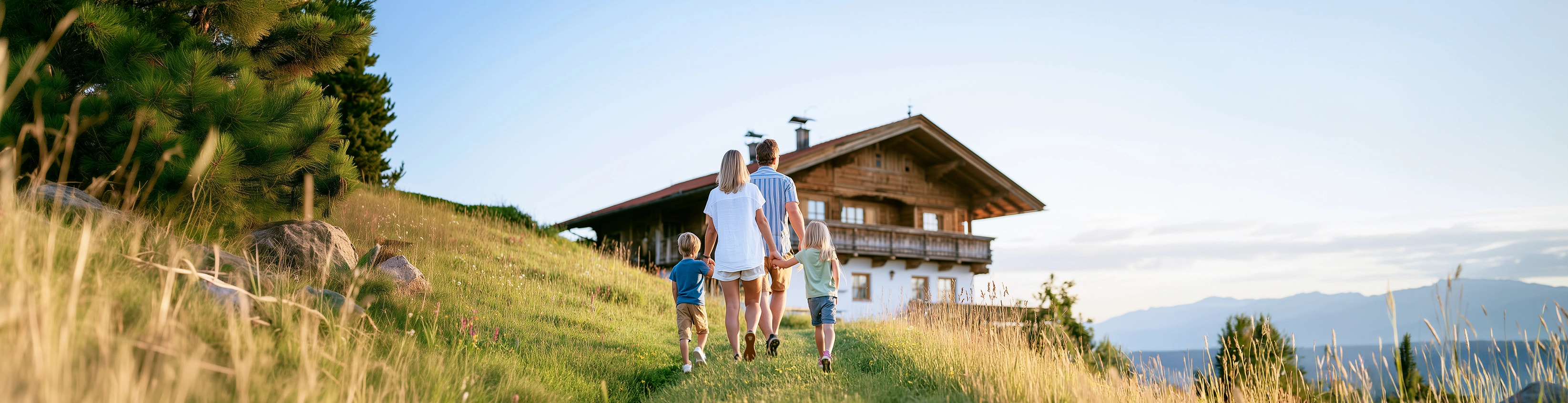 Family walking outside of a holiday farm
