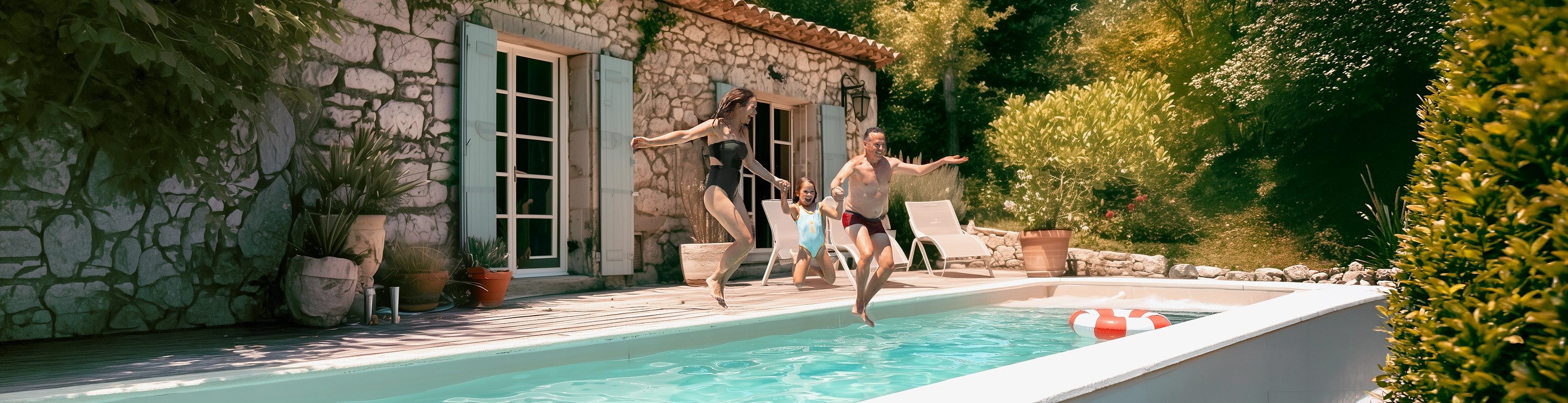 Family jumping in a pool