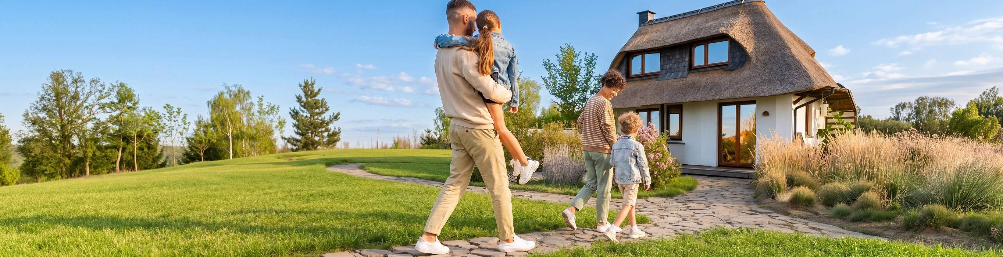 Family outside of their holiday home in the green