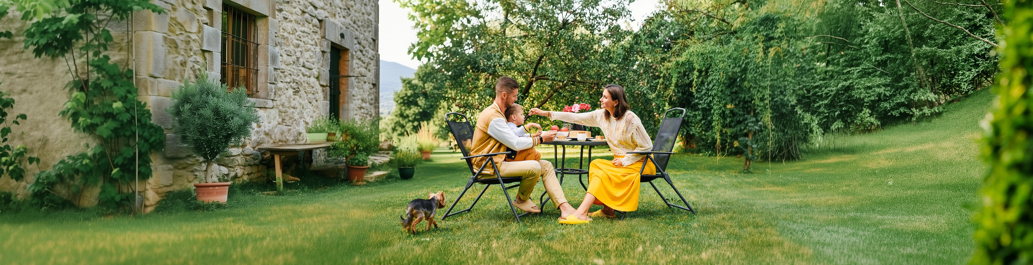 Family having breakfast in the garden in front of their holiday home