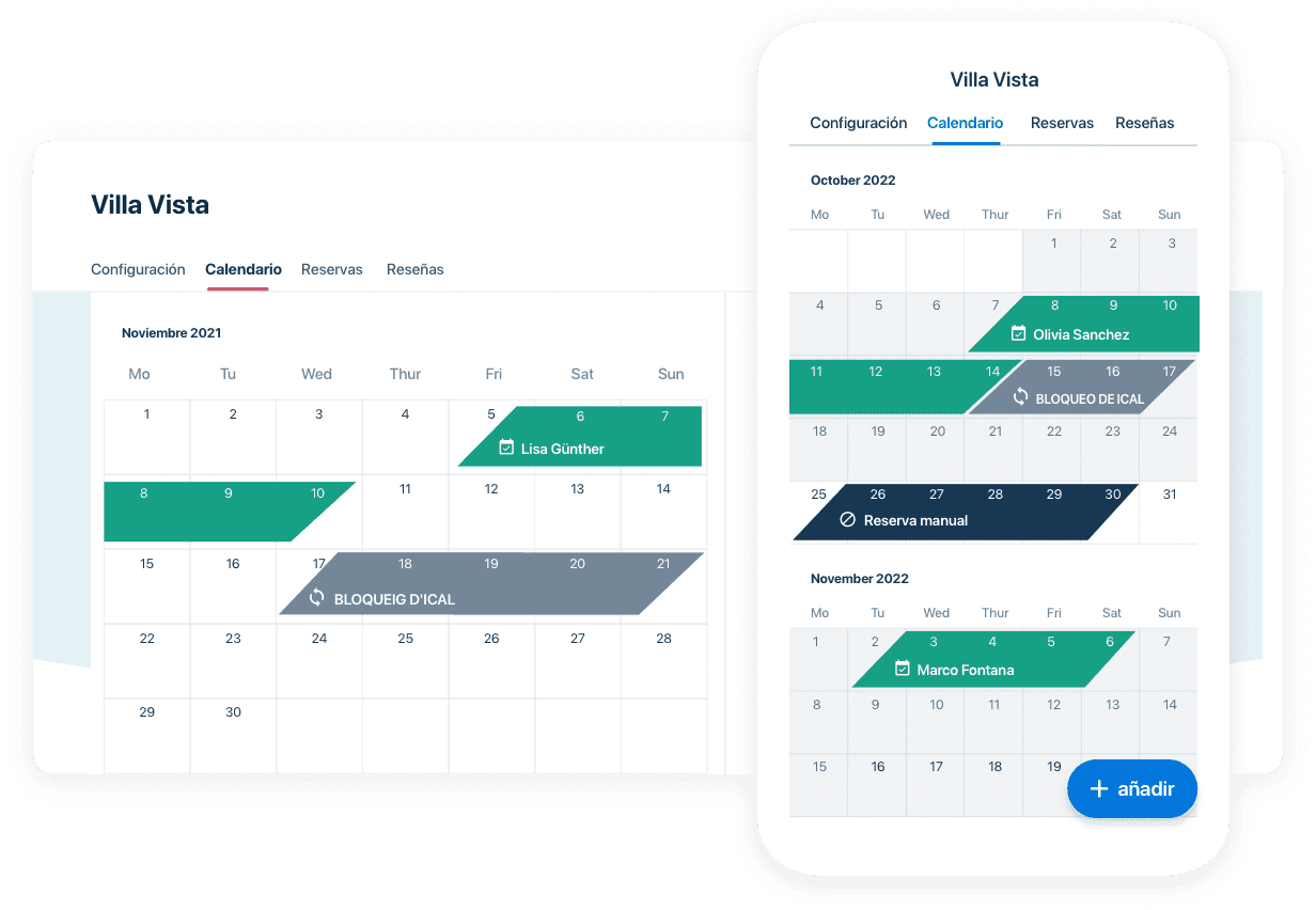 Vista del calendario de reservas centralizado en un ordenador de sobremesa y en un dispositivo móvil.