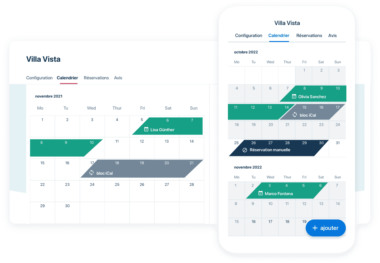 Affichage du calendrier de réservation centralisé sur un ordinateur de bureau et un appareil mobile