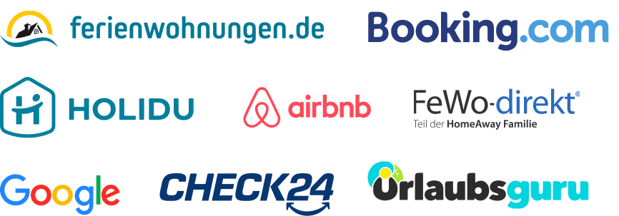 Logos von unterstützten Buchungsportalen: Ferienwohnungen.de, Booking.com, Holidu, Airbnb, Fewo-direkt, Google und Urlaubsguru