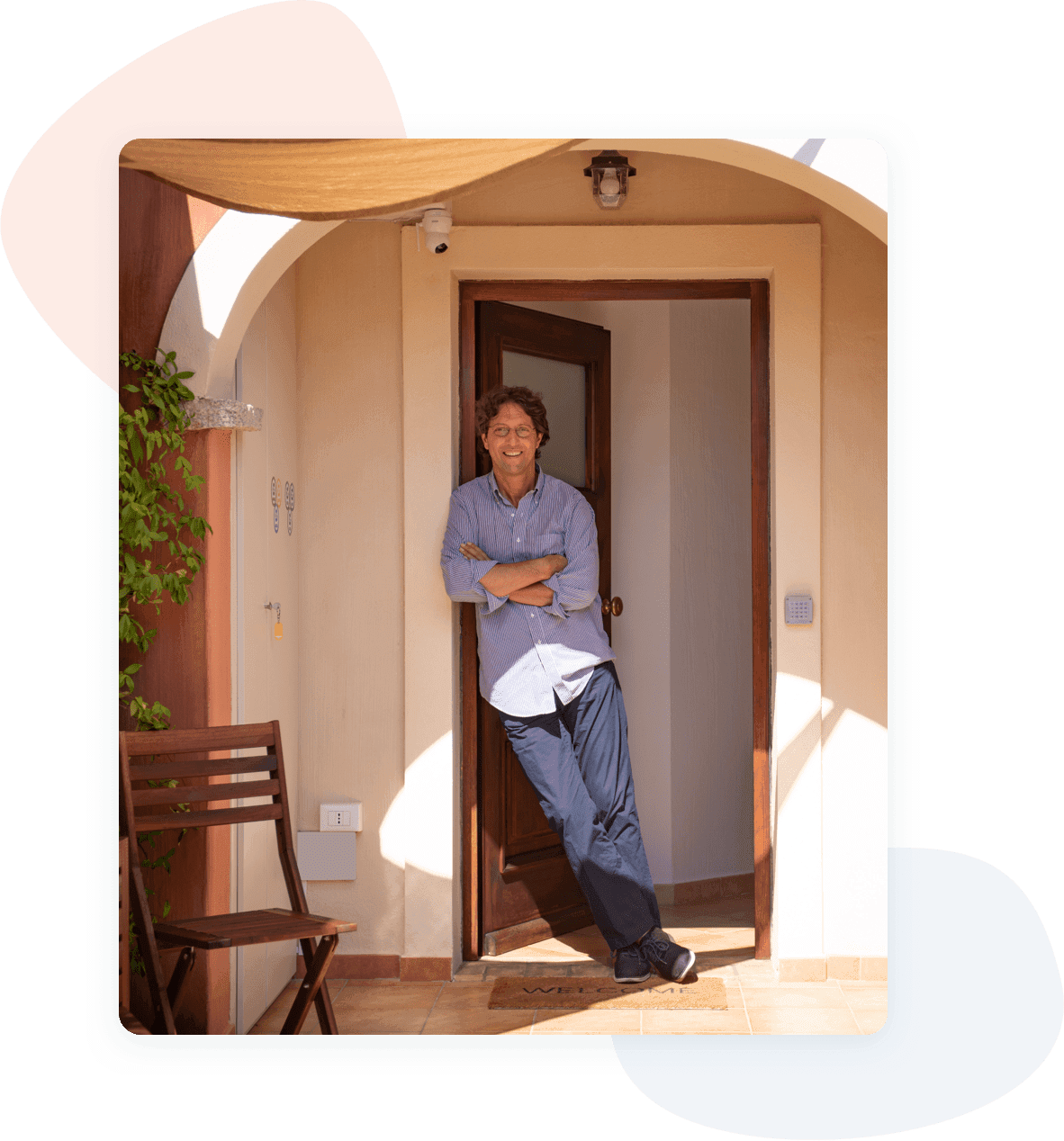 host leaning on doorframe