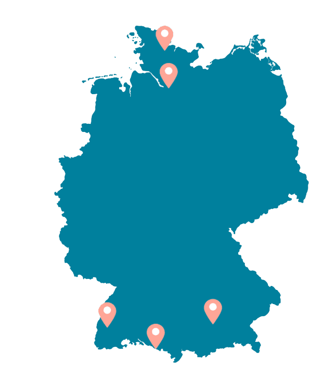 Übersicht über die Holidu Büros in Deutschland: München, Hamburg, Freiburg, Friedrichshafen und Flensburg